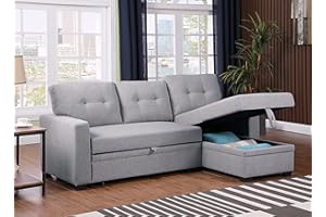 Livavege Convertible Sleeper Sectional Sofa with Storage Chaise and Pull-Out Bed, Button Tufted Backrest, Linen Upholstered Reversible Corner 3 Person L-Shape Couch for Small Living Room, Apartment