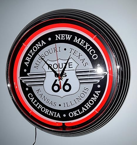 NEONUHR NEON CLOCK - ROUTE 66 - GROSS - GARAGE WERKSTATT UHR MIT ROTEN