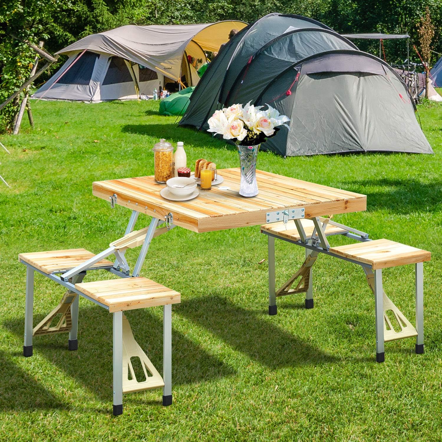 Outsunny Portable Foldable Camping Picnic Table with Seats Chairs and Umbrella Hole, 4-Person Fold Up Travel Picnic Table, Wood : Outdoor And Patio Products : Garden & Outdoor