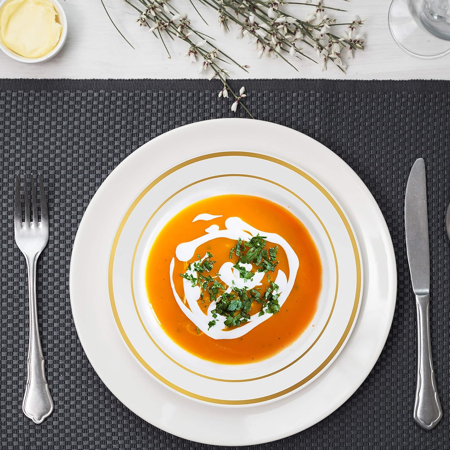 MATANA 25 Premium White Plastic Bowls with Gold Rim, 360ml, Elegant, Sturdy & Reusable - Image 4