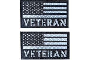 JUJUPUPS 2 Pack Reflective Veteran Patch US Flag with Hook Back for Service Harness Tactical Vest Collar Hook-Fastener Backing (Black-White)