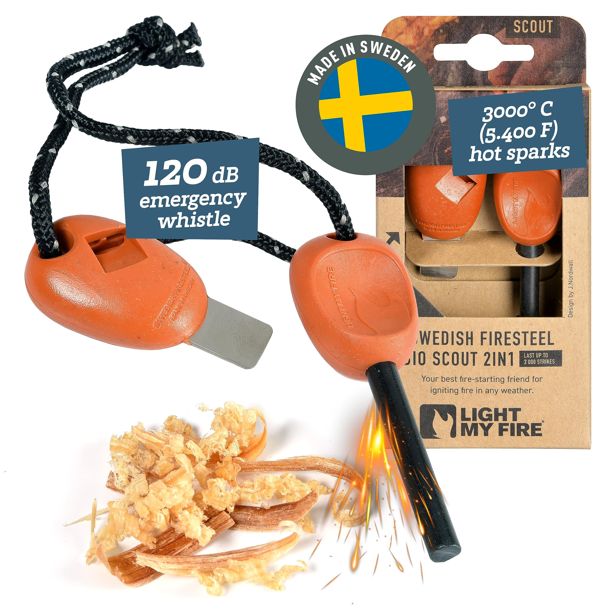 LIGHT MY FIRE Fire Steel Outdoor Scout 2-in-1 with Emergency Whistle, Fire Steel Survival Gadget Flint Lighter, Eternal Match with Bio-based Plastic Handle 3000 Ignitions