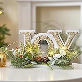 FESTGLOX Rustic Wooden Tabletop Christmas Joy Sign Decoration Indoor-Lighted White and Gold Christmas Joy Decor for Farmhouse Fireplace Mantel Home Decor(Timer)
