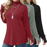 Ficerd 3 Pack Women's Plus Size Turtleneck Sweater Tunics, Long Sleeve Thumbhole Ribbed Tops Curved Hem Loose Pullover Shirts