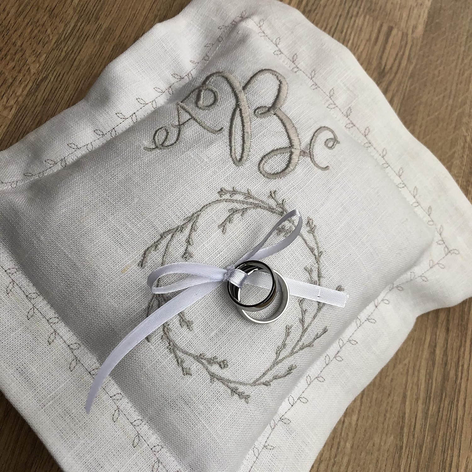 Ring Bearer Cushion White Or Ivory Linen Personalized Embroidered