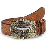 Mealah Cowboy Belts for Women-Men-Embossed Western Cowgirl Belt With Vintage Wave Longhorn Bull Buckle for Jeans Pants