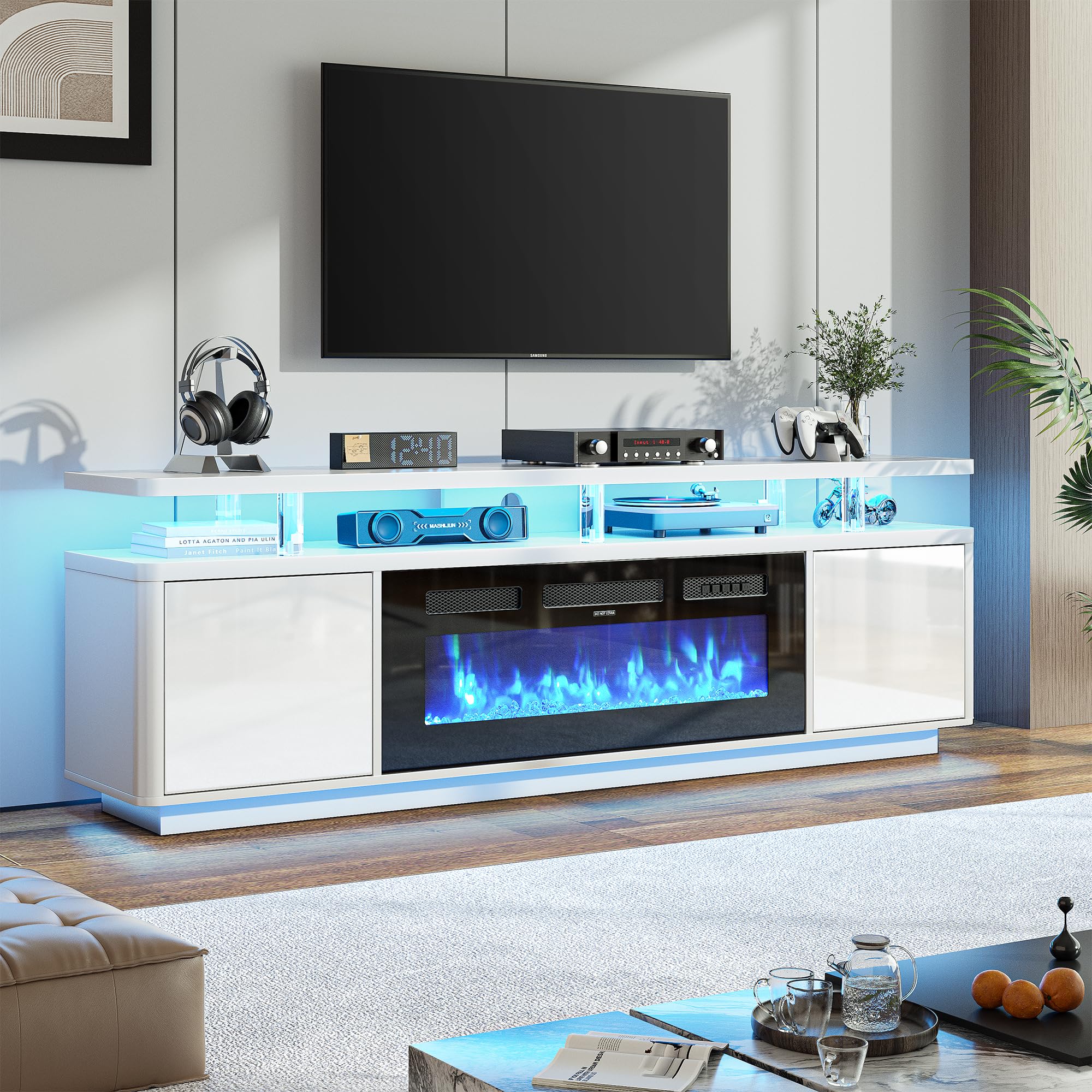 Photo 1 of OneBlis 70" Fireplace TV Stand with Double LED Lights for TVs UP to 80", Electric Fireplace Entertainment Center with Storage Cabinets, TV Console for Living Room, Office, White