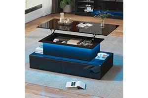 GDFStudio 35.4 Inch Lift Top Coffee Table with LED Lights, High Gloss Center Table with 4 Drawers, Height Adjustable Sofa Sid