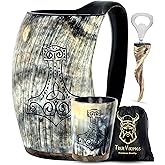 TRUE VIKING Drinking Horn Mug 16-20 oz – Gifts for Men, Dad, Husband – Unique Viking Gift – Handmade Authentic Ox Horn Cup with Shot Glass & Opener – For Beer, Ale, Mead – Natural Polished (Thor)