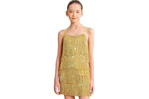 Sanmsoner Girls Latin Tassel Dance Dress Sequin Fringe Skirt Sparkly Camisole Dancewear