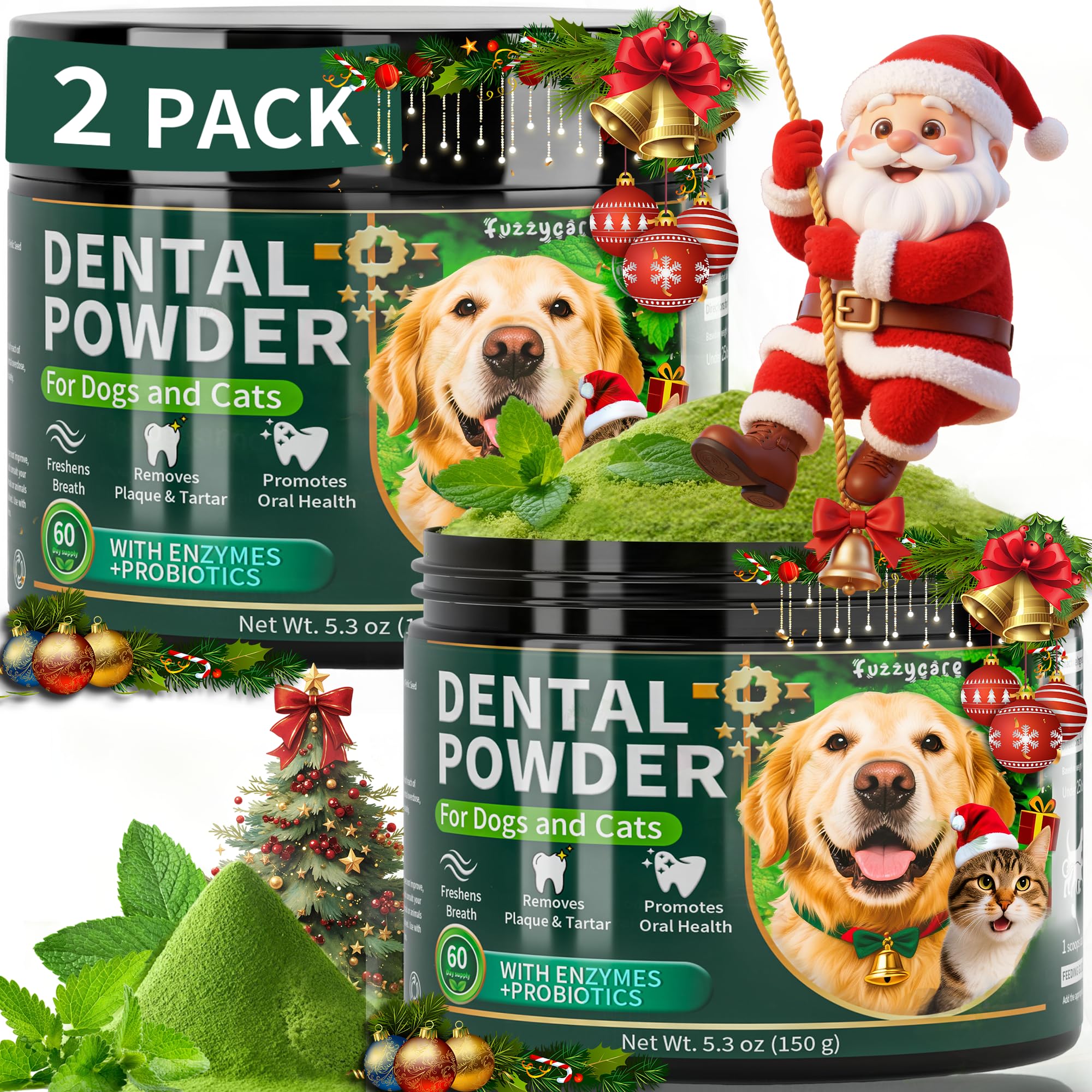 Photo 1 of 2 Pack Dog Dental Powder, Dog Teeth Cleaning Powder with Natural Herbal Blend, Plaque Off Pet Tooth Cleaning lab co, Targets Tartar & Reduces Plaque & Bad Breath for Dogs & Cats, Mint -150Grams