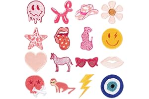 Kirako 16Pcs Preppy Iron on Patches Cute Smile Leopard Cowgirl Evil Eye Sew on Embroidered Applique Decorative Repair Patch Indie Aesthetic DIY Craft Accessories for Girls Clothing Backpack Hat Jacket