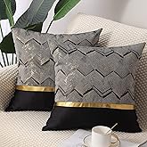 Gujiahone Throw Pillow Covers Set of 2 Black Gold Leather Striped Patchwork Jacquard Cushion Case Luxury Modern Square Decorative Cushion Covers for Sofa Couch Bed Home Decoration 18x18 Inch