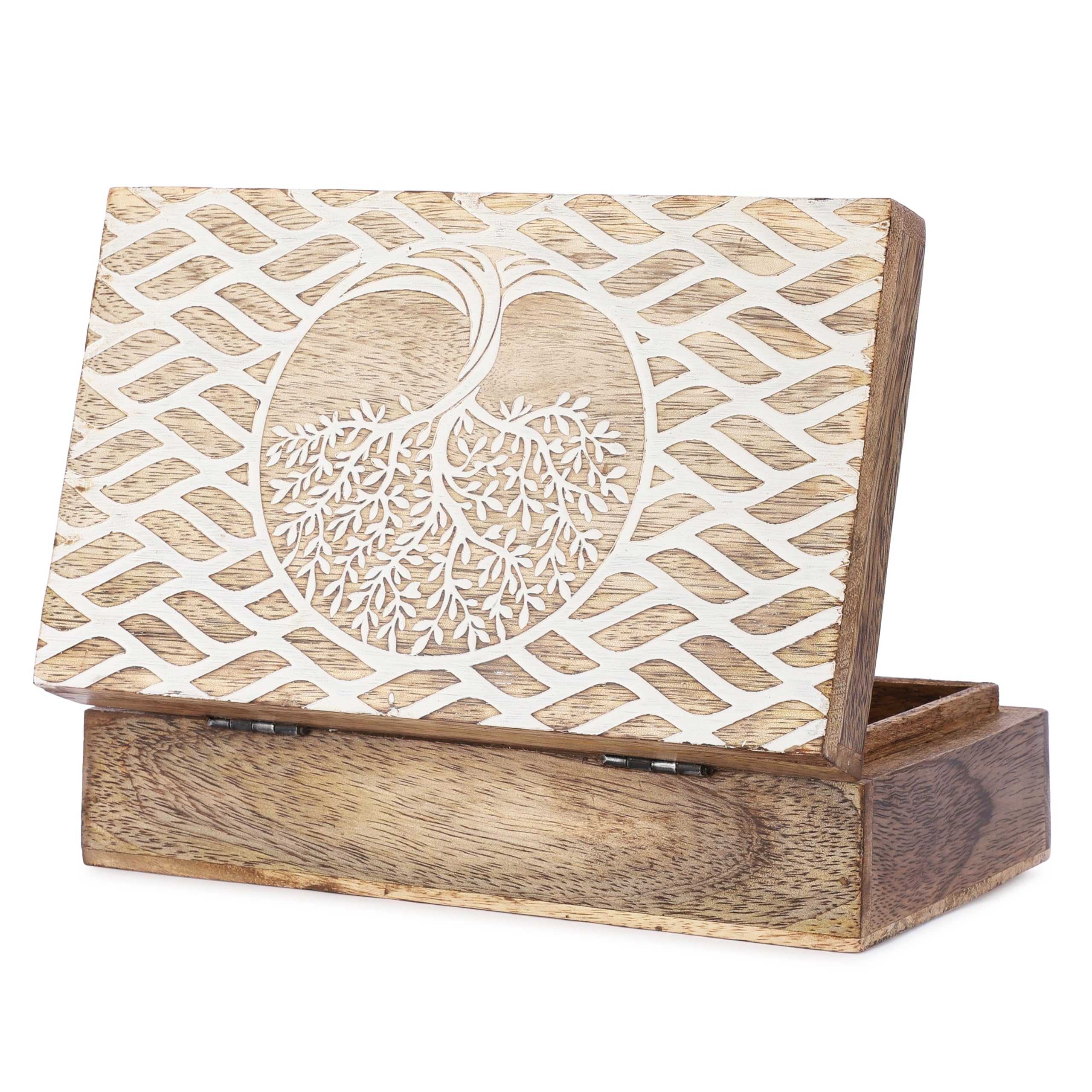 Ajuny Handcrafted White Tree of Life Wooden Jewellery Box for Men Woman, Decorative Wooden Keepsake and Trinket Box for Storing Memories and Small Valuable, Gift Box with Lid, 8x5 Inch