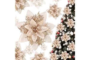 Geosar 36 Pieces Glitter Christmas Poinsettia Artificial Xmas Flower Ornaments Flowers Decorations with Clips and Stem Glitter Poinsettia Christmas Tree Ornaments for Xmas Wedding (Champaign Gold)