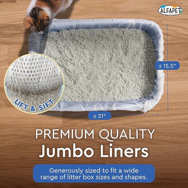 ALFAPET SIFTING CAT LITTER BOX LINERS – JUMBO 30 COUNT, PACK OF 5 – TEAR-RESISTANT CAT LITTER BAGS, WATERPROOF KITTY LITTER LINERS, FITS LITTERBOX PAN SIZES X-LARGE, X-GIANT, 37″ X 18″ 30 LB CAPACITY