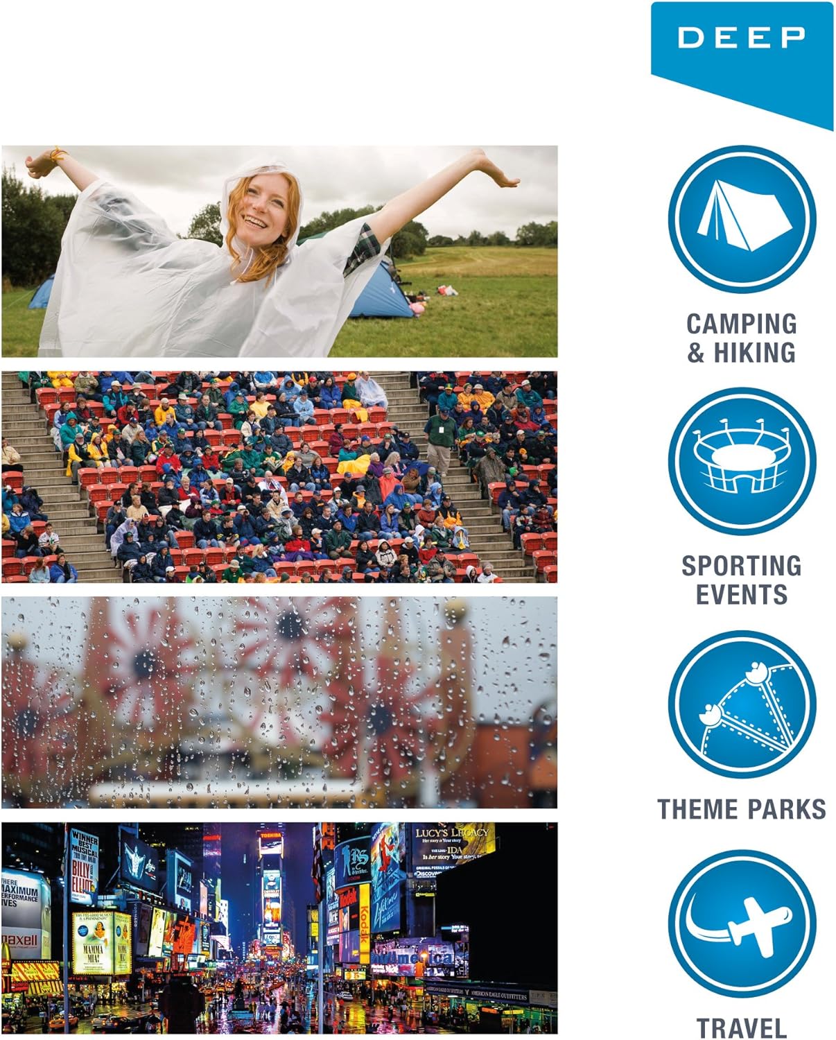 Deep Premium Disposable Emergency Rain Ponchos | Family 10 Pack (Adults/Kids) | 2X Stronger | Portable | Waterproof with Sleeves & Hood | Assorted Colors: Sports & Outdoors