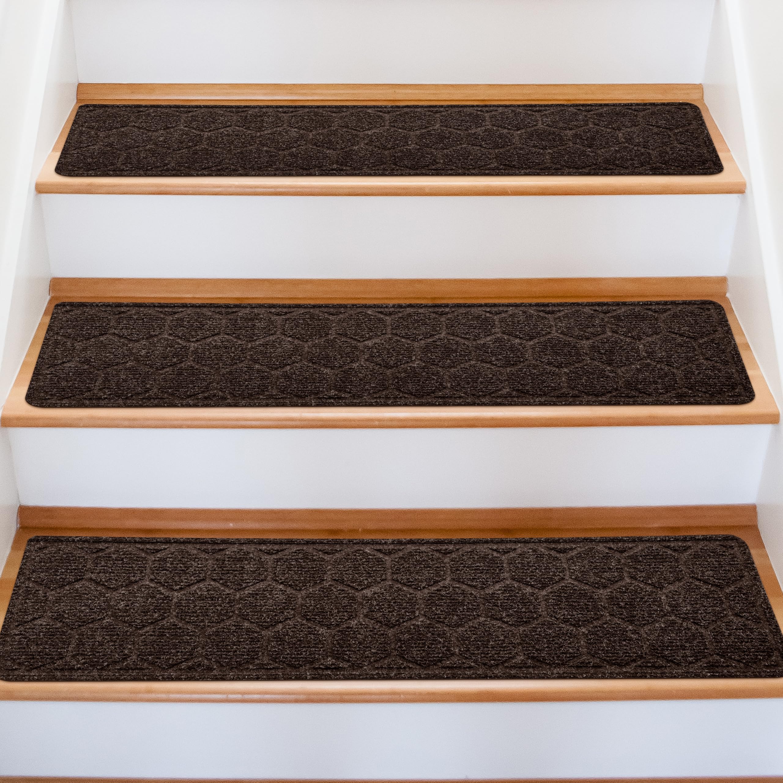 Photo 1 of OXKVPVF 15 Pack 8 "X 30" Non-Slip Carpet Stair Treads for Indoor Wooden Steps, Made of Polyester and Reusable Adhesive, Suitable for Kids Elders and Pets?Brown Hexagon?