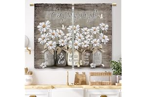 Laifzere Farmhouse Floral Kitchen Curtains Daisy Rustic Vintage Flower Inspirational Small Short Cafe Window Curtains Wooden Country Quotes Bathroom Tier Window Treatment Drapes (26x24 Inch)
