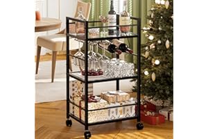 Homedawn Bar Cart, Serving Cart for Home, Microwave Cart, Drink Cart, Mobile Kitchen Shelf with Wine Rack and Glass Holder, Rolling Beverage Cart for Dining Room, Black