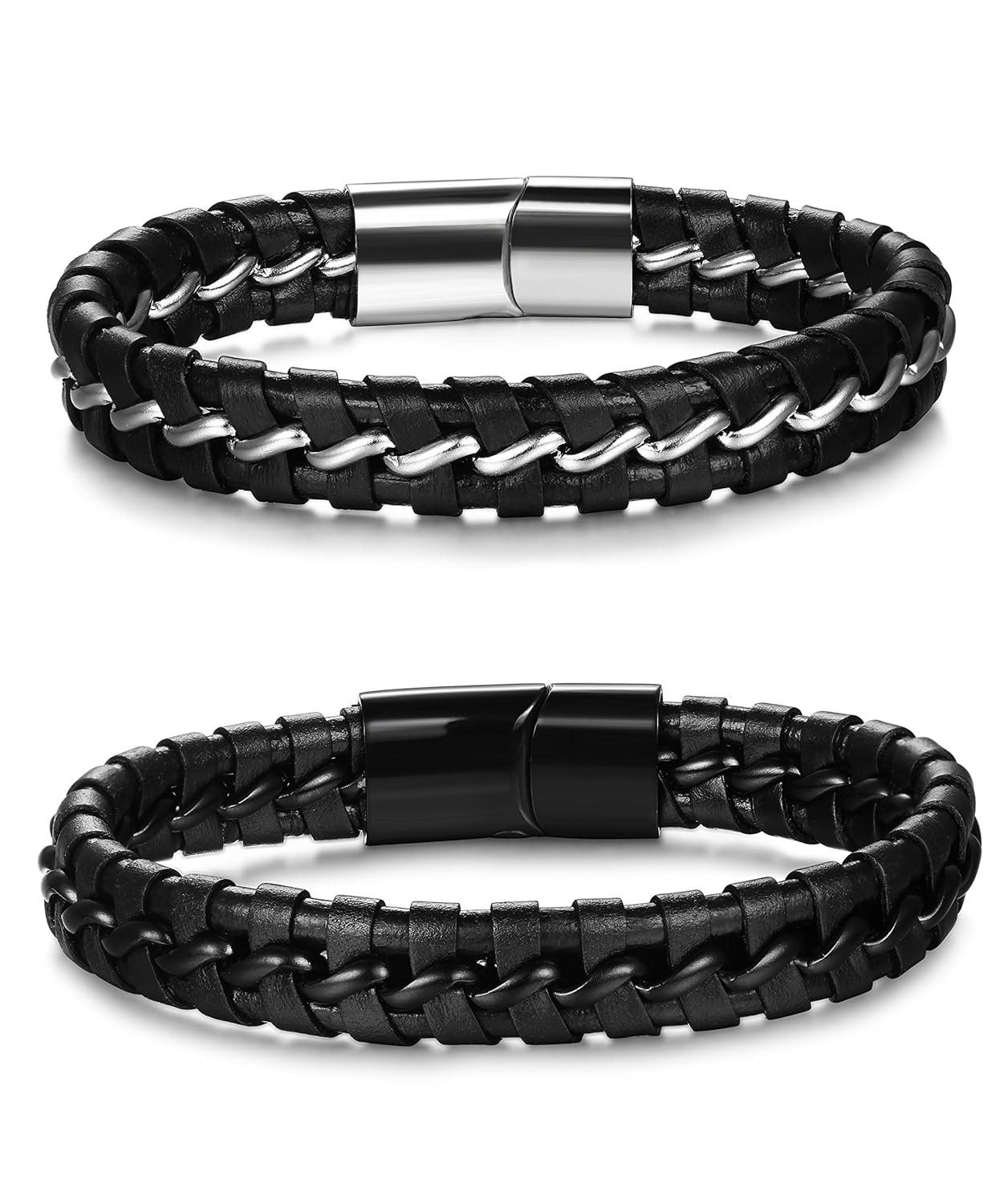 Men Funrun Jewelry 2 Pcs Leather Bracelet For Men Braided Magnetic