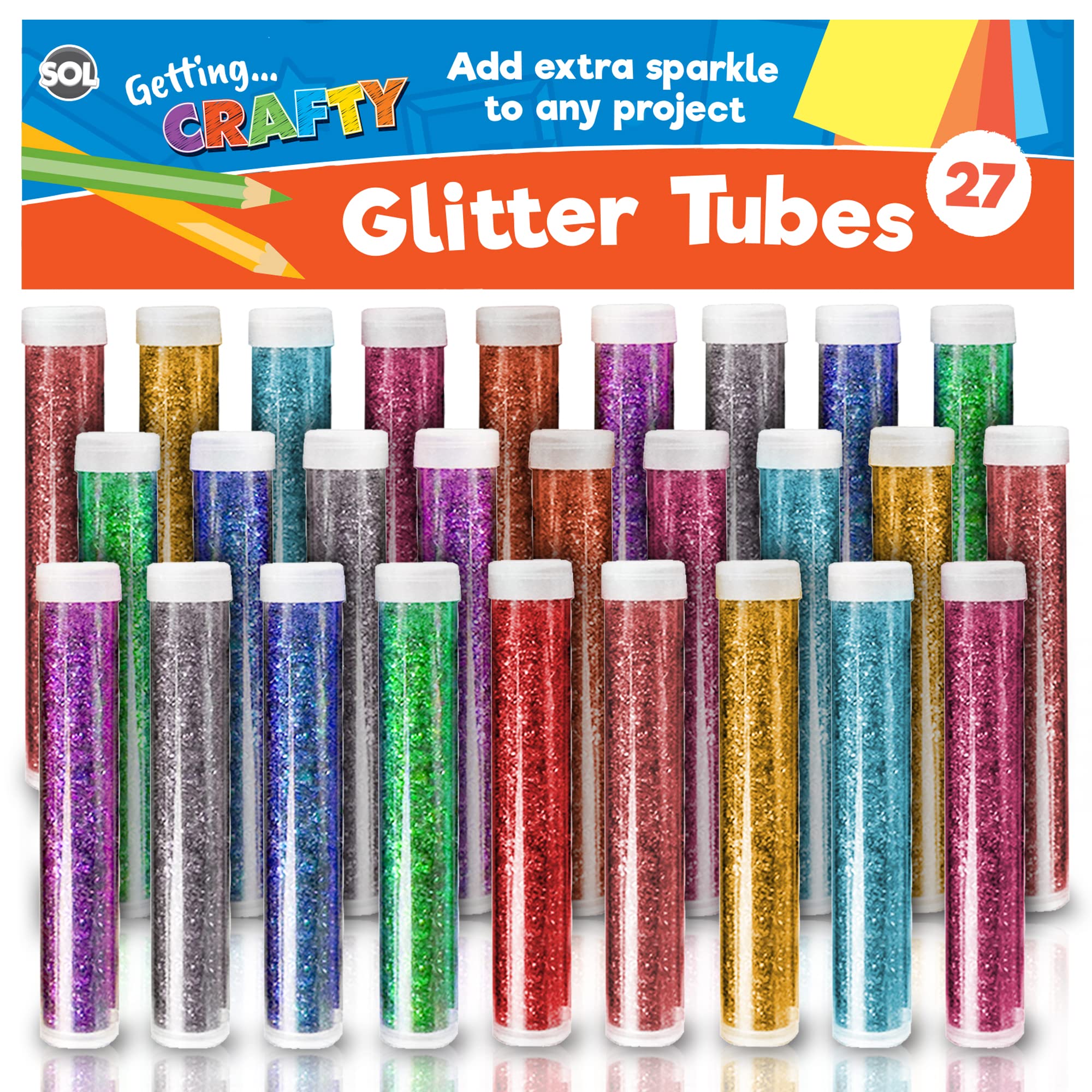 SOL 27pk Kids Glitter Tubes in 10 Assorted Vibrant Colours - Fine Glitter for Arts and Crafts, Slime, Card Making, Nail Art, and Decorations - Easy-Pour Shaker Pots for Kids and Adults