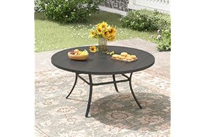 ARKOST 60" Patio Dining Table for 8-10, Round Outdoor Metal Dining Table with Umbrella Hole for Lawn Garden Backyard, Black