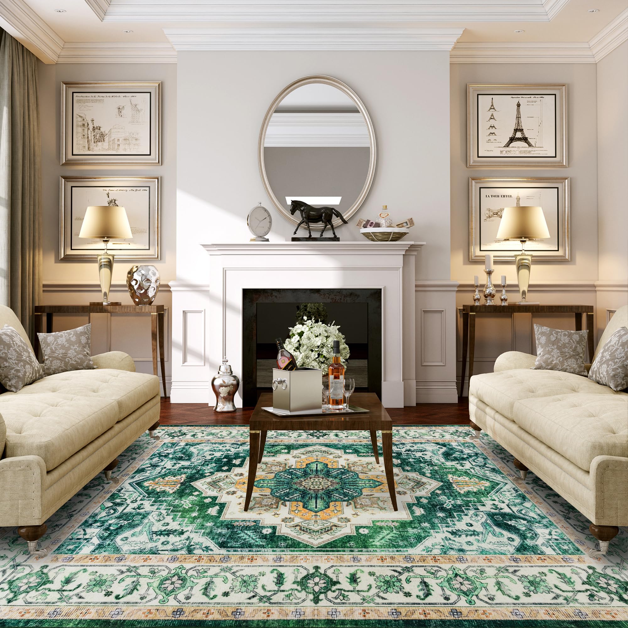 Photo 1 of VIPBED 5x7 Area Rug, Washable Rug for Living Room Entryway Bedroom Kitchen, Vintage Medallion Carpet with Non-Slip Backing, Ultra-Thin Low Pile Boho Farmhouse Carpet for Home Decor, Green