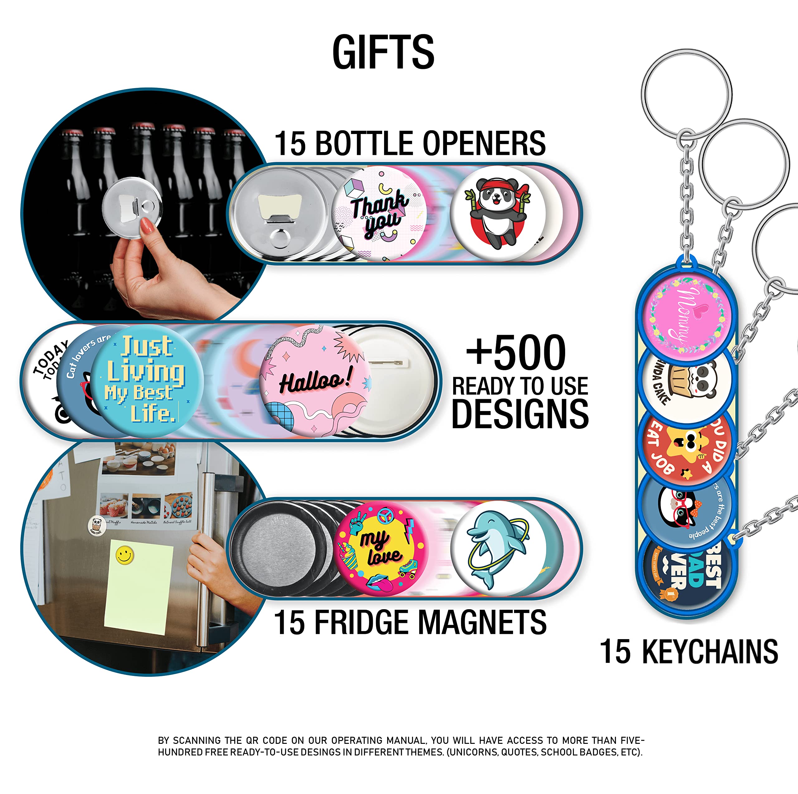 Button Maker Machine – Multiple Size Molds– Pin Maker Machine Kit w/ 500 Buttons, 15 Fridge Magnets, 15 Bottle Openers, 15 Keychain Buttons, Cutters & 500+ Button Designs for DIY Crafts