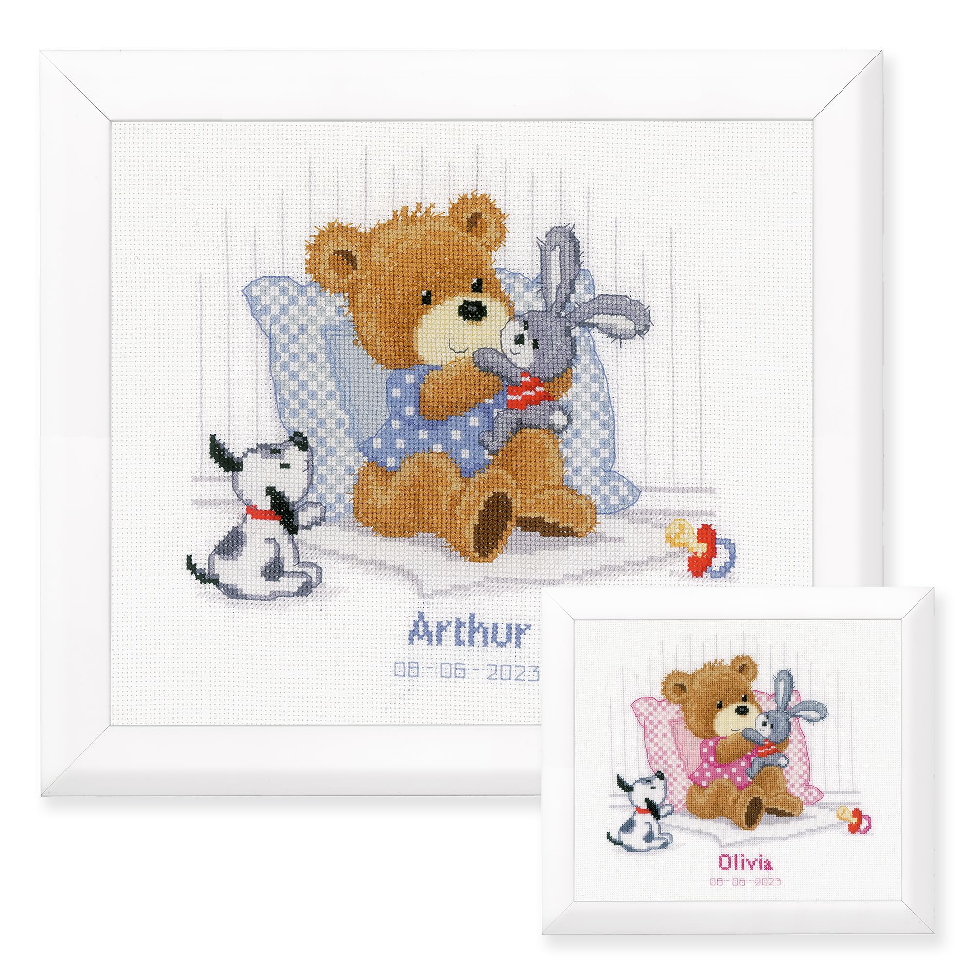 Vervaco Counted Cross Stitch Embroidery Kits Baby Birth Bear, Rabbit and Dog Wall Decoration Handmade Set for Adults Creative Craft Approx. 25 x 21 cm Birth Gift Home Decoration