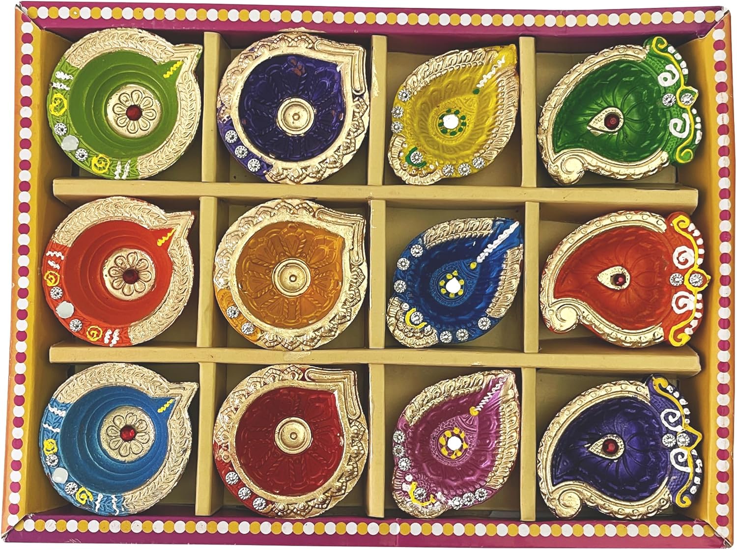 Oil Lamps & Accessories - KSJONE Pack of 12 Diwali Diya - Earther Clay Diya Colorful Handmade - Diyas Diwali Gift Items for Family Friends Corporate -Diya for Pooja - Diwali Decoration