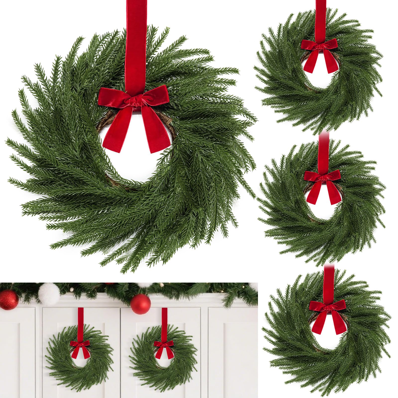 Photo 1 of 4 Pack 11 Inch Mini Christmas Wreath Small Christmas Kitchen Cabinet Wreaths with Red Velvet Bow Artificial Norfolk Pine Wreath Outdoor Christmas Wreaths for Windows Door Chairs Wall Stairs Home Decor