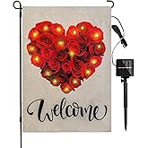 Lighted Valentine Welcome Garden Flag 12x18 Inch Outside, Solar Light Up Red Heart Yard Flag Banner, Lawn Yard Patio Outdoor Decoration