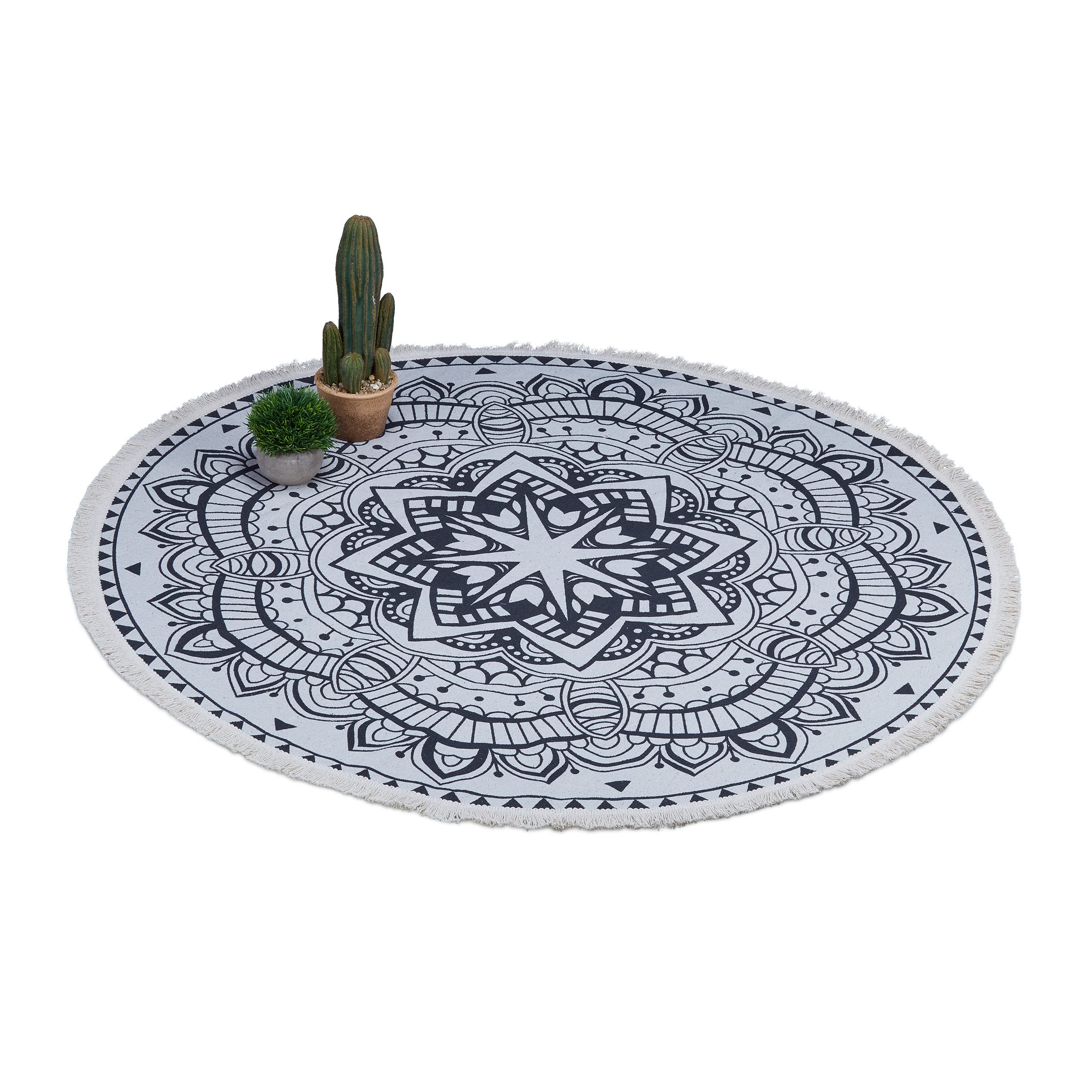 Relaxdays Round Bohemian Mandala Rug, Diameter 120 cm, Cotton Rug with Fringes, Non-Slip, Cream/Black