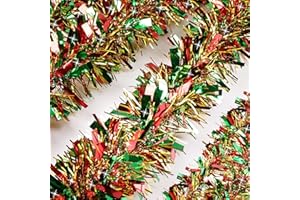 ADISHER 50Ft Christmas Tinsel Twist Garland, Metallic Twist Garland Tree Decorations for Christmas Tree New Year Party Birthday Holiday Supplies Indoor and Outdoor Decoration (Red Green Gold)