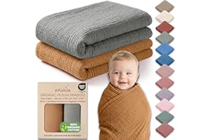 Infancie 100% Organic Cotton Baby Muslin Blanket 120 X 120 CM Swaddle Blanket Pack of 2 Soft Breathable Lightweight Gentle On