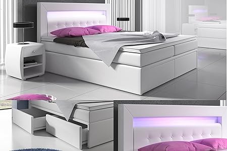 wohnenluxus Boxspringbett Venedig/Schublade / Bettkasten/Hotelbett (90 x 200, Weiss Kunstleder)