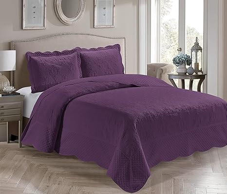 Amazon Com Home Collection 3 Piece Full Queen Over Size Embossed Solid Purple Color Coverlet Bedspread New Veronica Home Kitchen