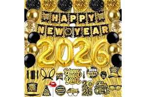 MIUCAT New Year Decorations 2026, Black Gold New Years Eve Party Supplies 2026 with Happy New Year Banner Photo Booth Props Fringe Curtains 32inch 2026 Balloons for Happy New YearS Decorations 2026