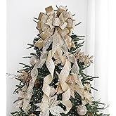 HUIHUANG Christmas Tree Topper Bow Champagne Gold Christmas Bows 13 inch x 45 inch Large Snowflake Velvet Bows for X-mas Ornament, Wreaths, Staircase, Mantel, Home Decor
