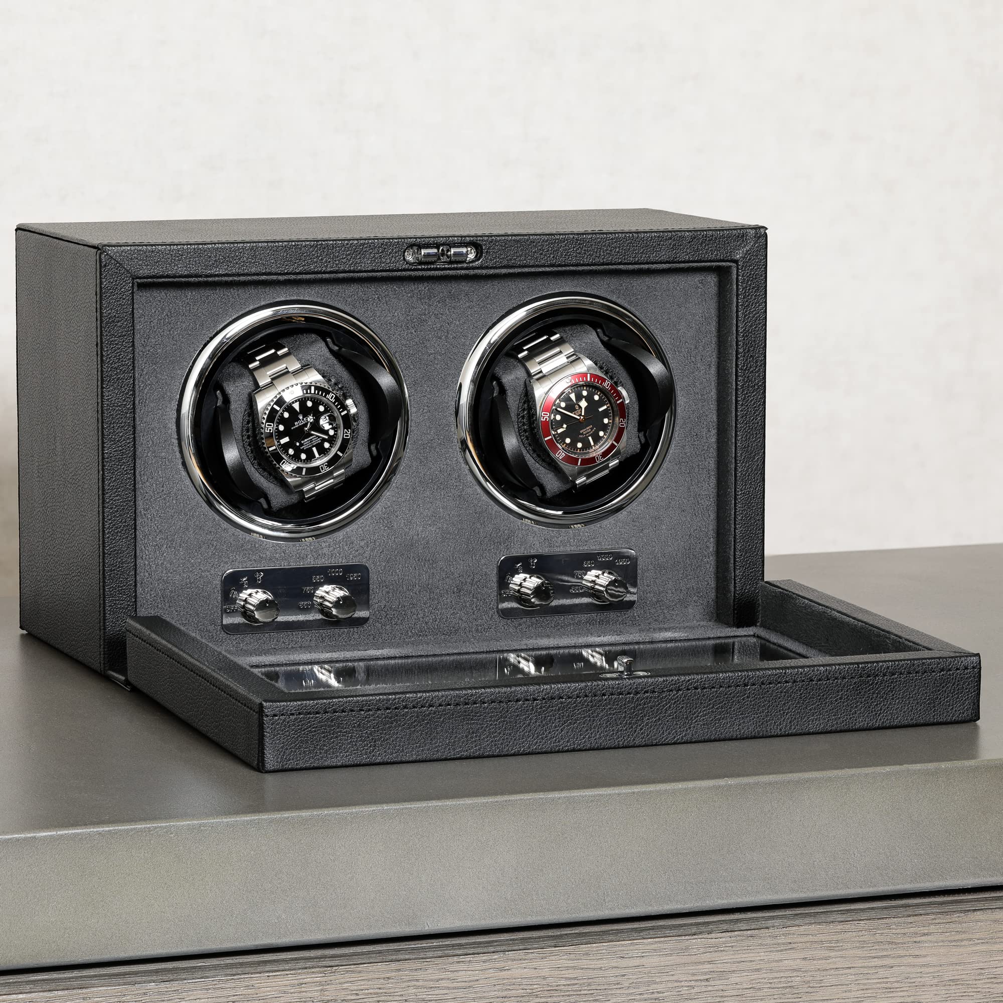 ROTHWELL Double Watch Winder for Automatic Watches with Quiet Motor with Multiple Speeds and Rotation Settings (Black/Grey)