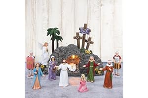 Fovths 12 Pieces LED Easter Scene and Cross Decoration Easter Resin Tabletop Decorations Resurrection of Jesus Statue Jesus N