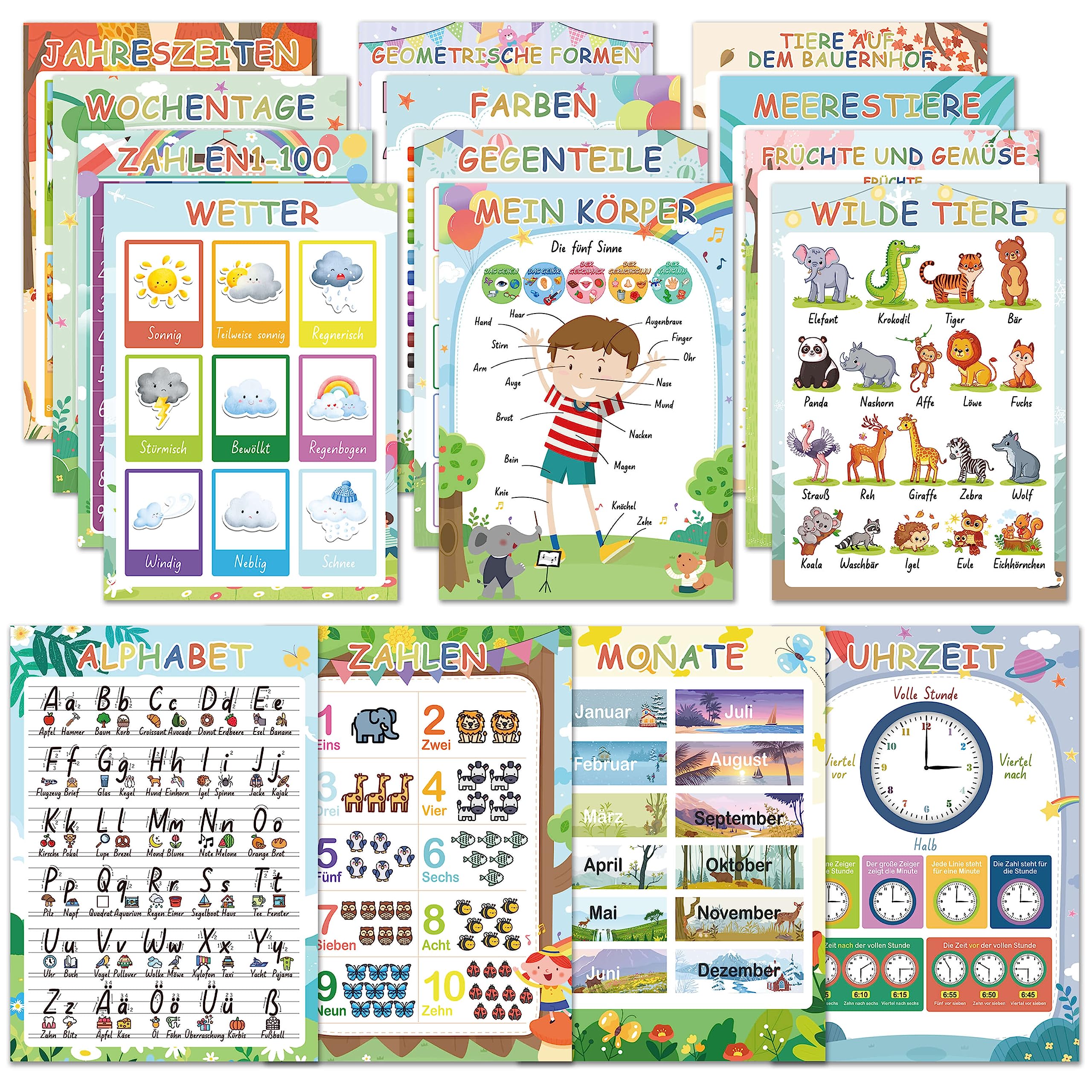 BIROYAL Educational Montessori Learning Posters, ABC Posters for Children, Set of 16 Children's Posters, Thick Paper, Laminated on Both Sides, A4 Wall Poster, Alphabet Poster, Learning Poster, Primary