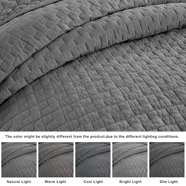 PALASSIO DARK GREY 100% COTTON QUILT KING SIZE BEDDING SETS WITH 2 PILLOW SHAMS, TEXTURED LIGHTWEIGHT SOFT BEDSPREAD SHABBY CHIC COVERLET, QUILTED COMFORTER BED COVER FOR ALL SEASON, 3 PIECES