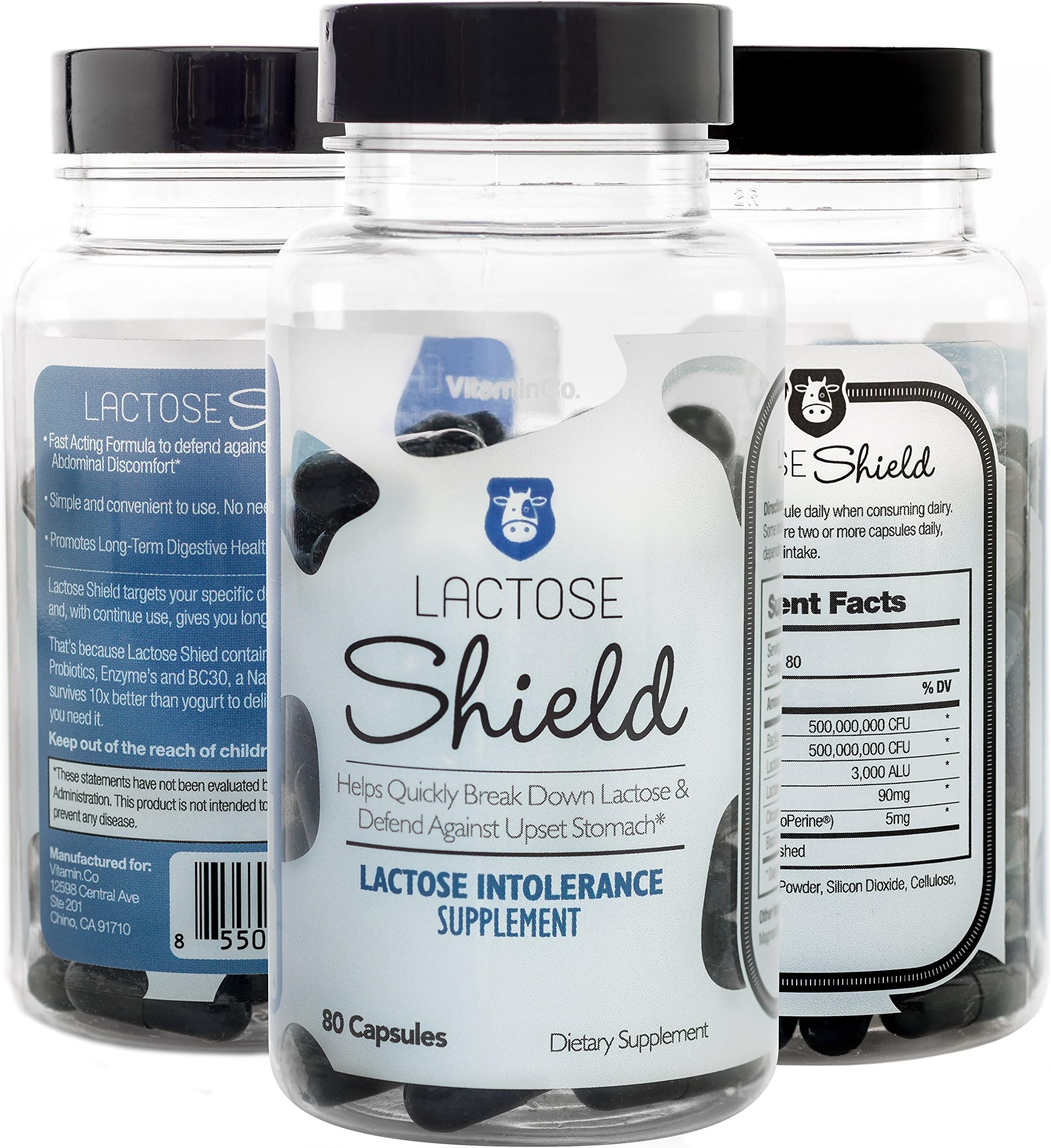 Lactose Shield - Powerful Lactose Intolerance Defense (80 Capsules) Potent Lactase Enzyme Probiotics Improves Digestion and Defends Against Bloating, Diarrhea, & Abdominal Discomfort