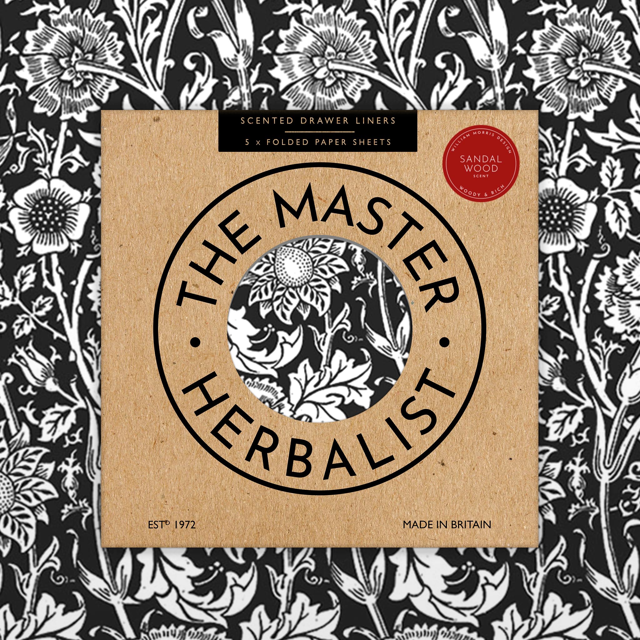 The Master Herbalist Fragrant Sandalwood Scented Drawer Liners in a Black William Morris Design | Pack of 5 Sheets (Folded) | Contains SANDALWOOD Essential Oil | Made in UK