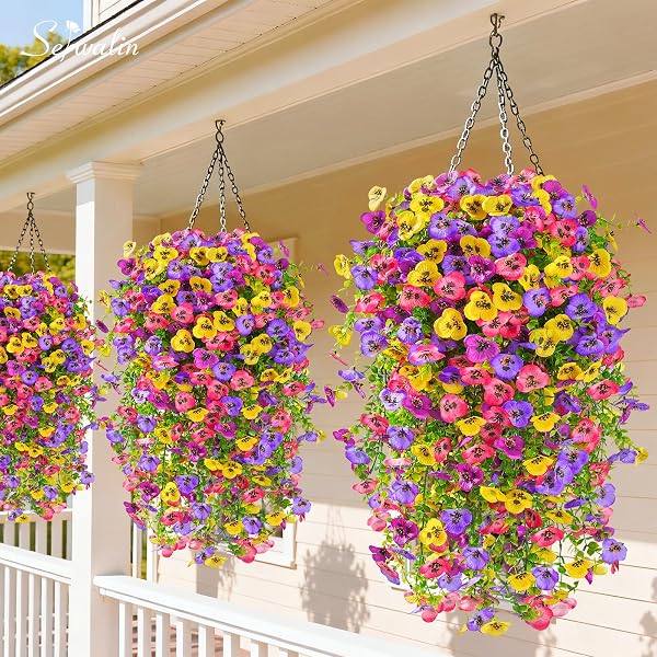 SERWALIN ARTIFICIAL FAKE HANGING FLOWERS FOR OUTDOORS PLANTERS,6PCS UV RESISTANT FAUX PANSY SPRING FLOWERS FOR OUTSIDE PORCH PATIO GARDEN WINDOW BOX (MIXED COLORS)