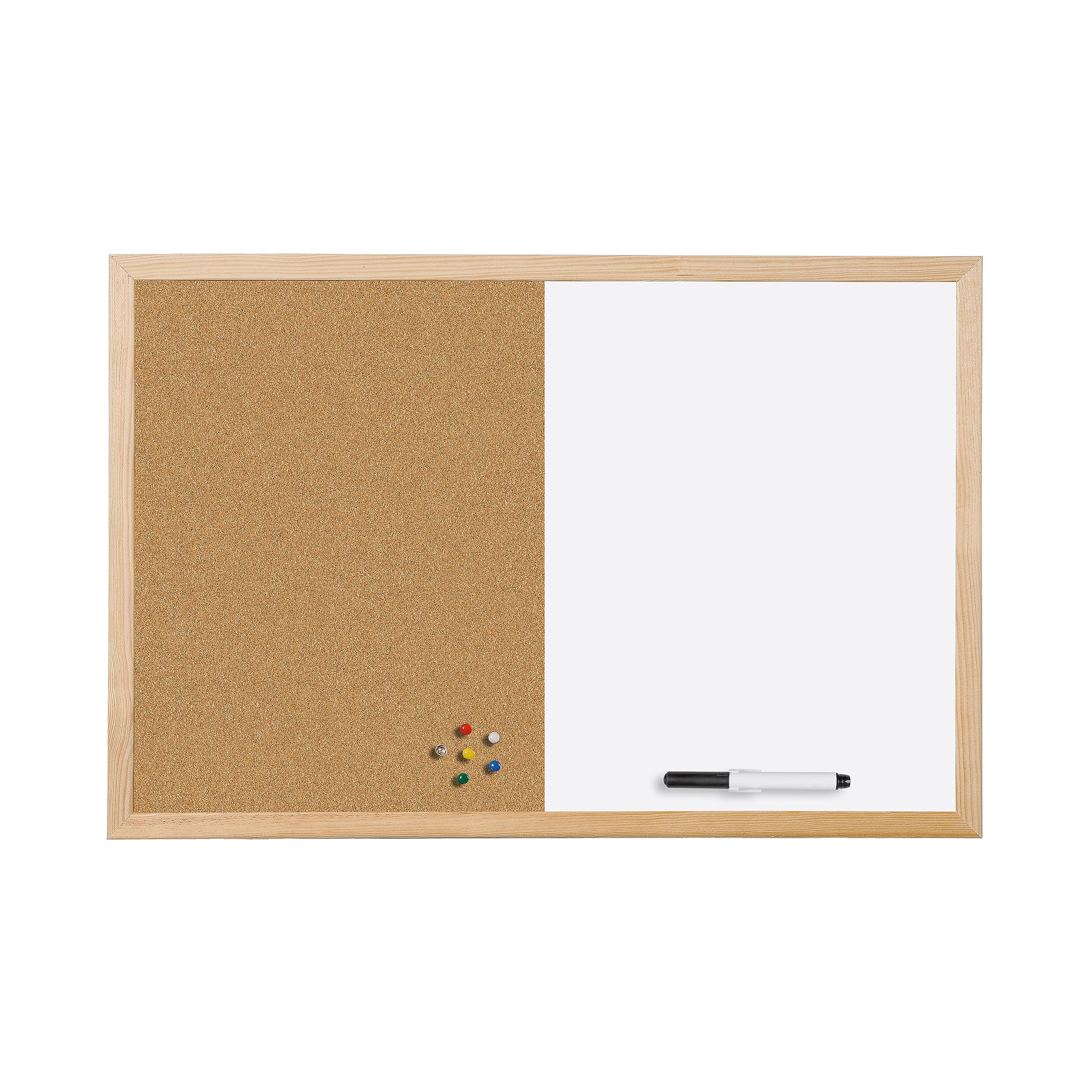 Bi-Office Budget Wood Frame Combination Board, Cork and Magnetic Whiteboard Dry Wipe Memo Board, 60 x 45 cm