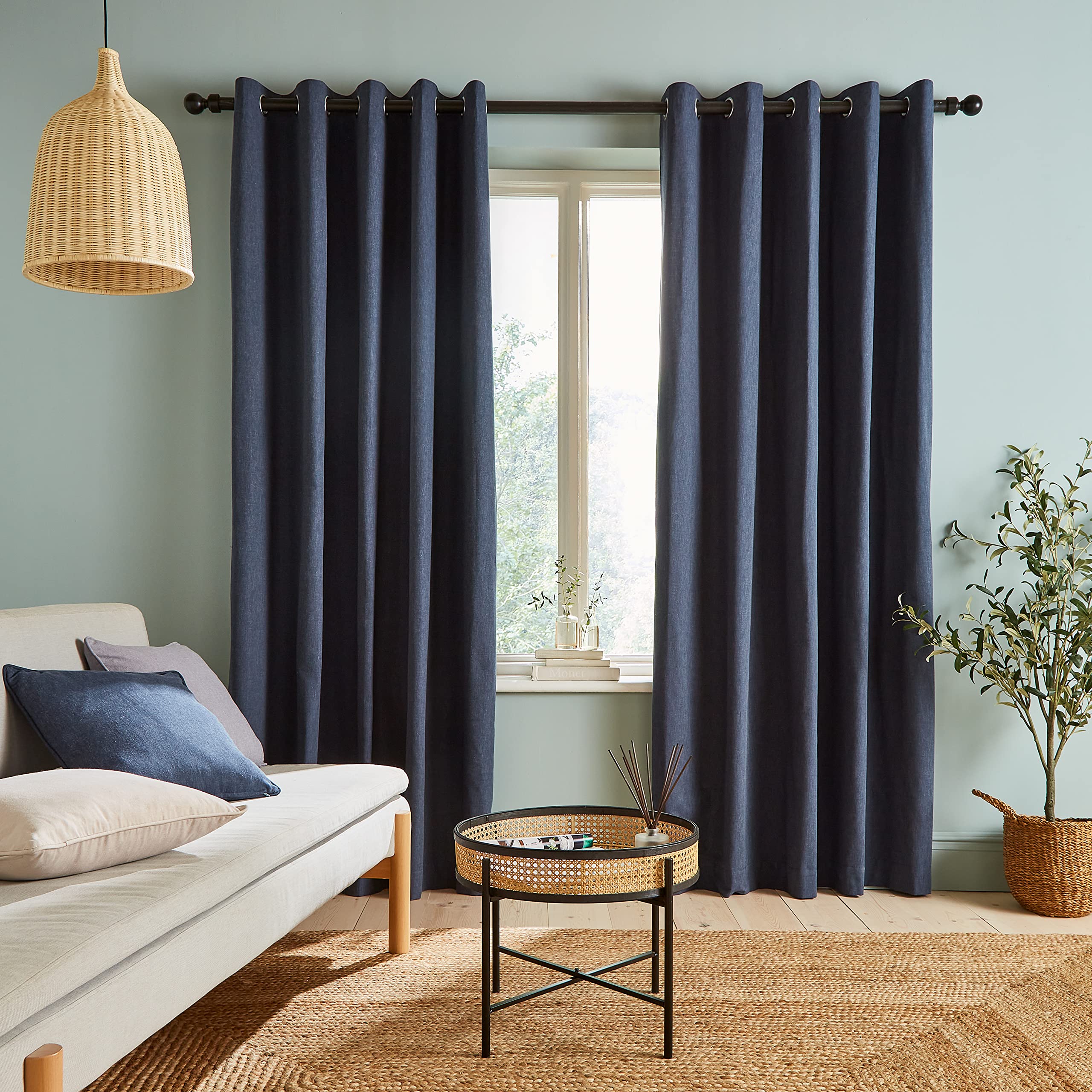 Catherine Lansfield Yarn Dyed Cotton Chambray 66x54 Inch Eyelet Curtains Two Panels Blue