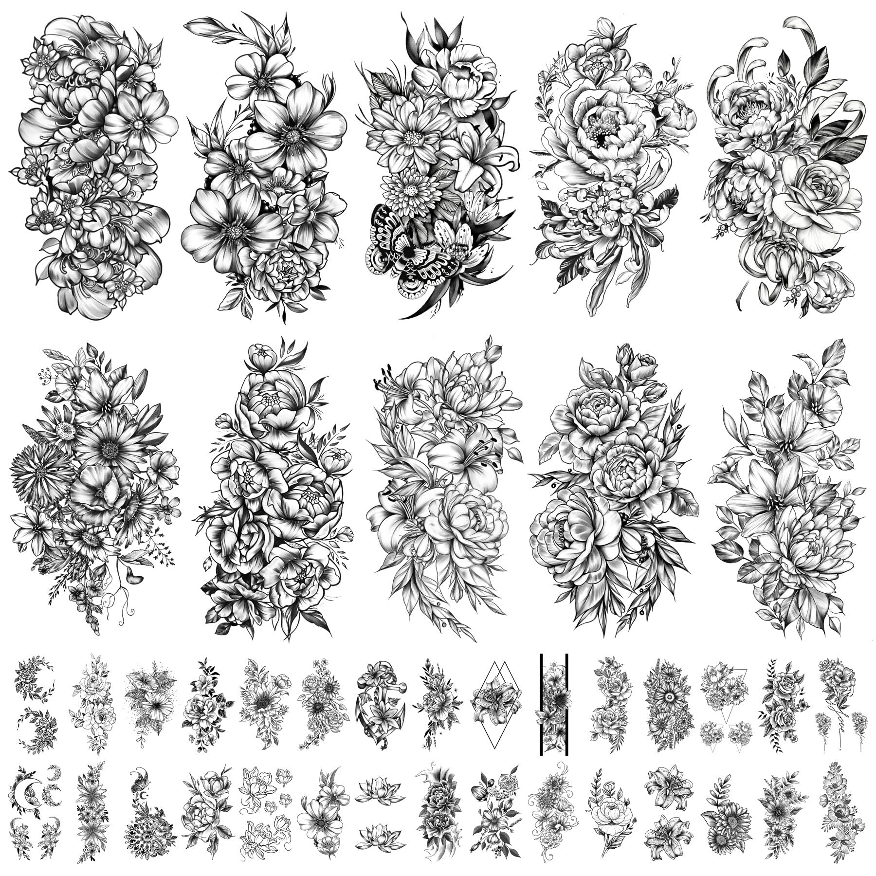 Flowers Temporary Tattoo for Girls or Women 10 Sheets Extra Larger and 30 Sheets Waterproof Tiny Fake Tattoos for Party Decoration Stickers Kits.
